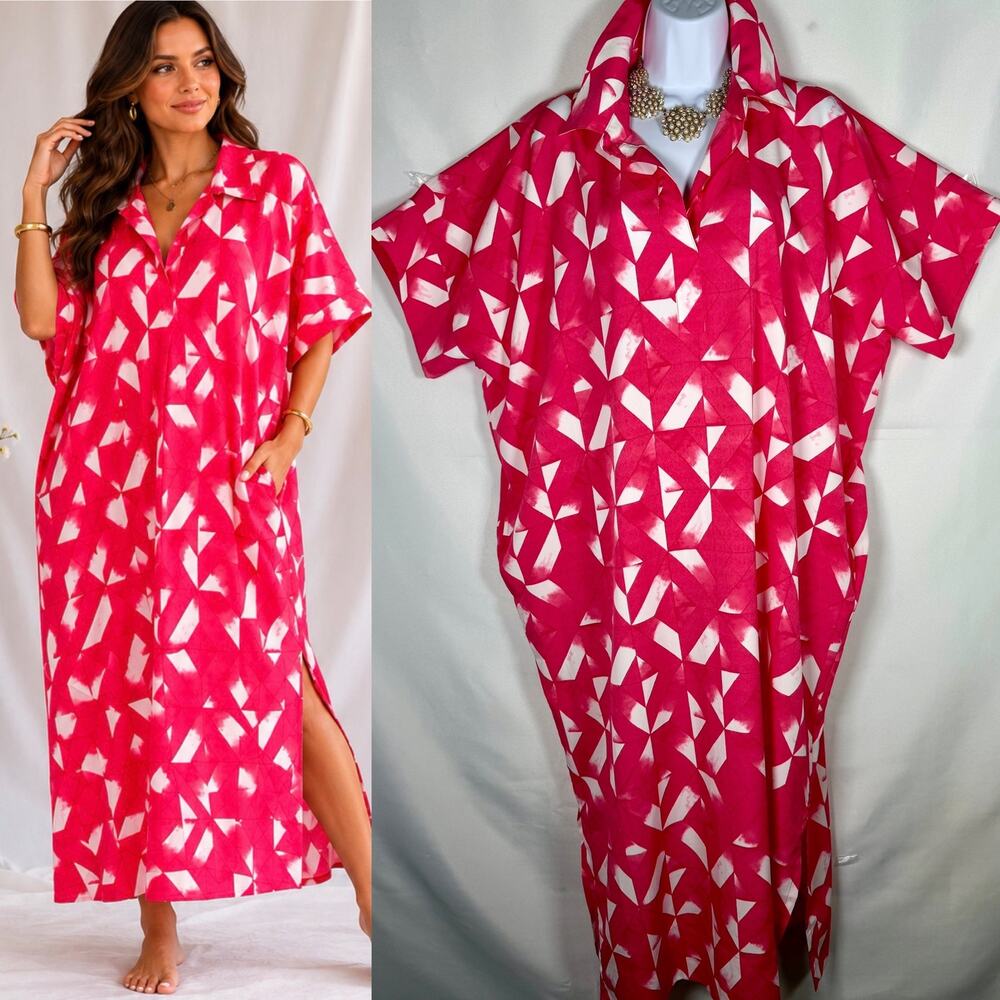 Natori Women's Pink & White Geometric sumi long caftan pocket dress collar sz M